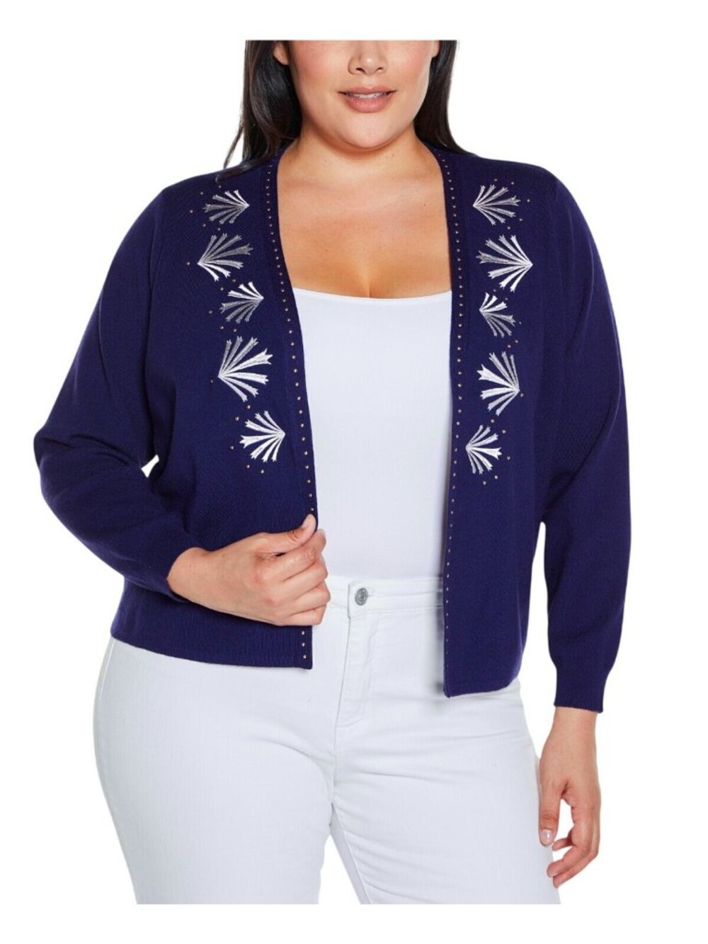 NWT Belldini Embroidered Open-Front Cardigan with Stud Trim Twilight Blue 1X